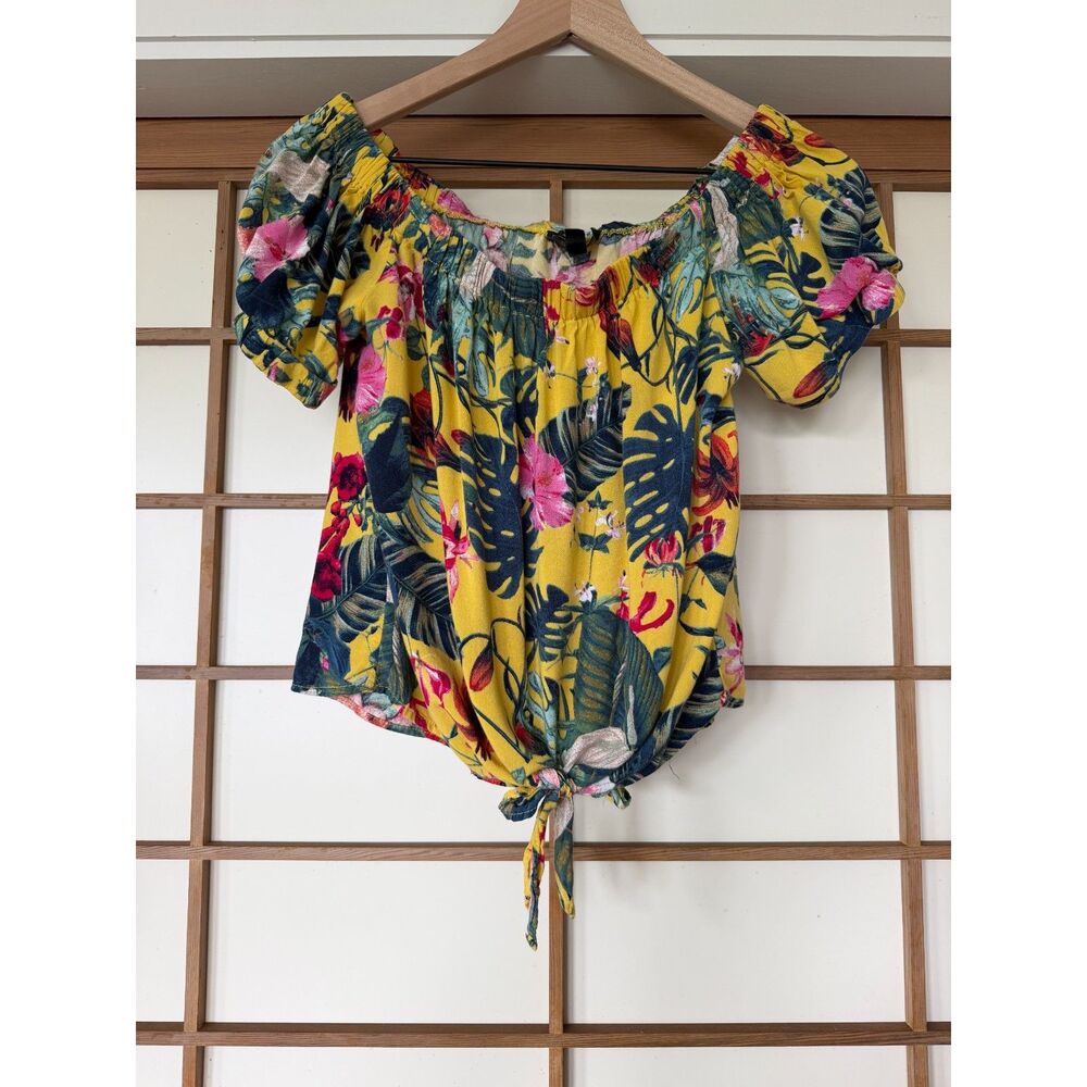 Yellow Tropical Floral Off Shoulder Tie Front Blouse Small Rayon